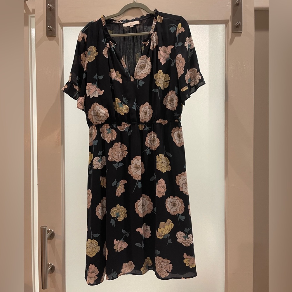 LOFT size L floral navy blue dress